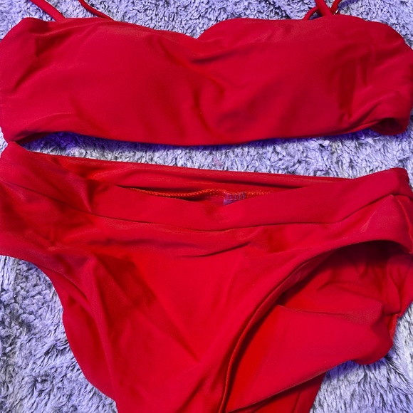 SHEIN SOLID HIGH WAISTED BIKINI SWIMSUIT SET RED AND BROWN - Picture 2 of 6